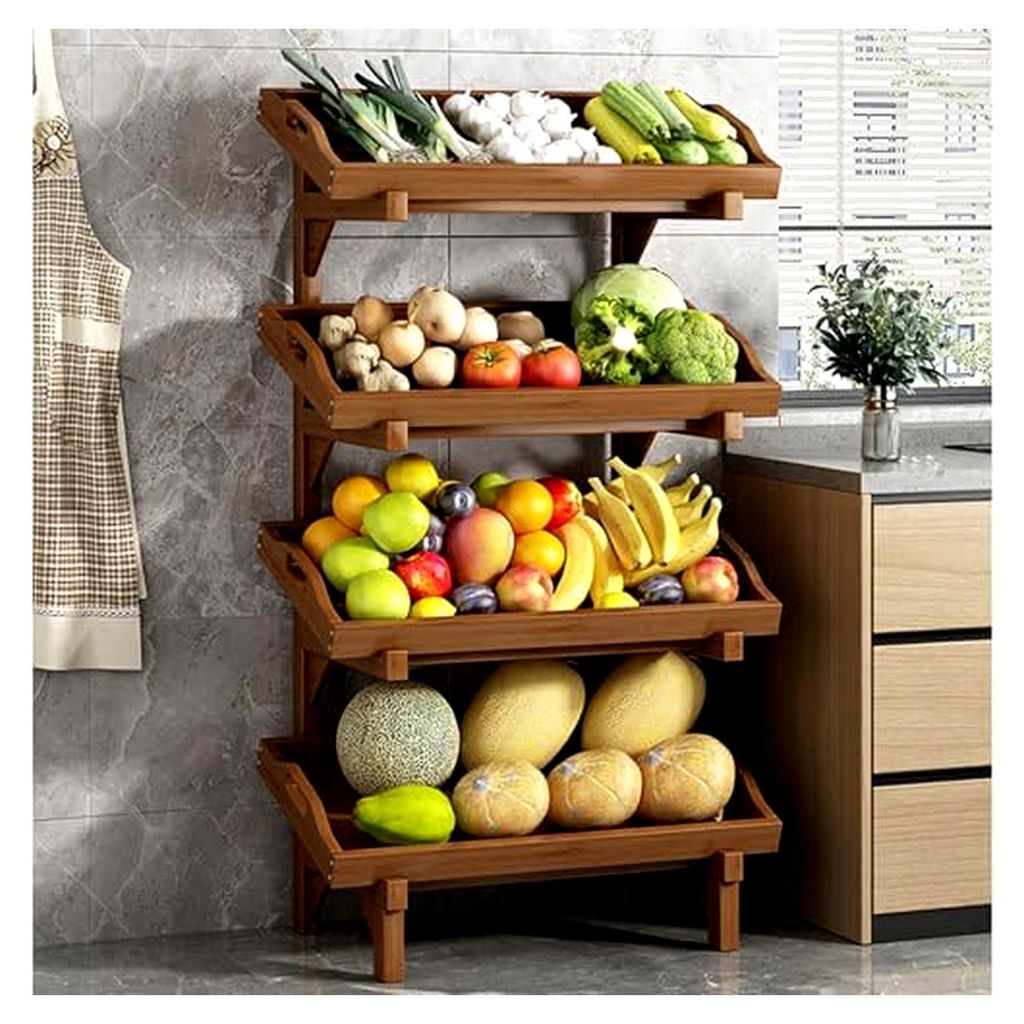 Freistehender Präsentationskorb aus Holz für Obst und Gemüse, herausnehmbares Regal mit Leitplanke, geeignet für Supermärkte, Zuhause, Küche ...