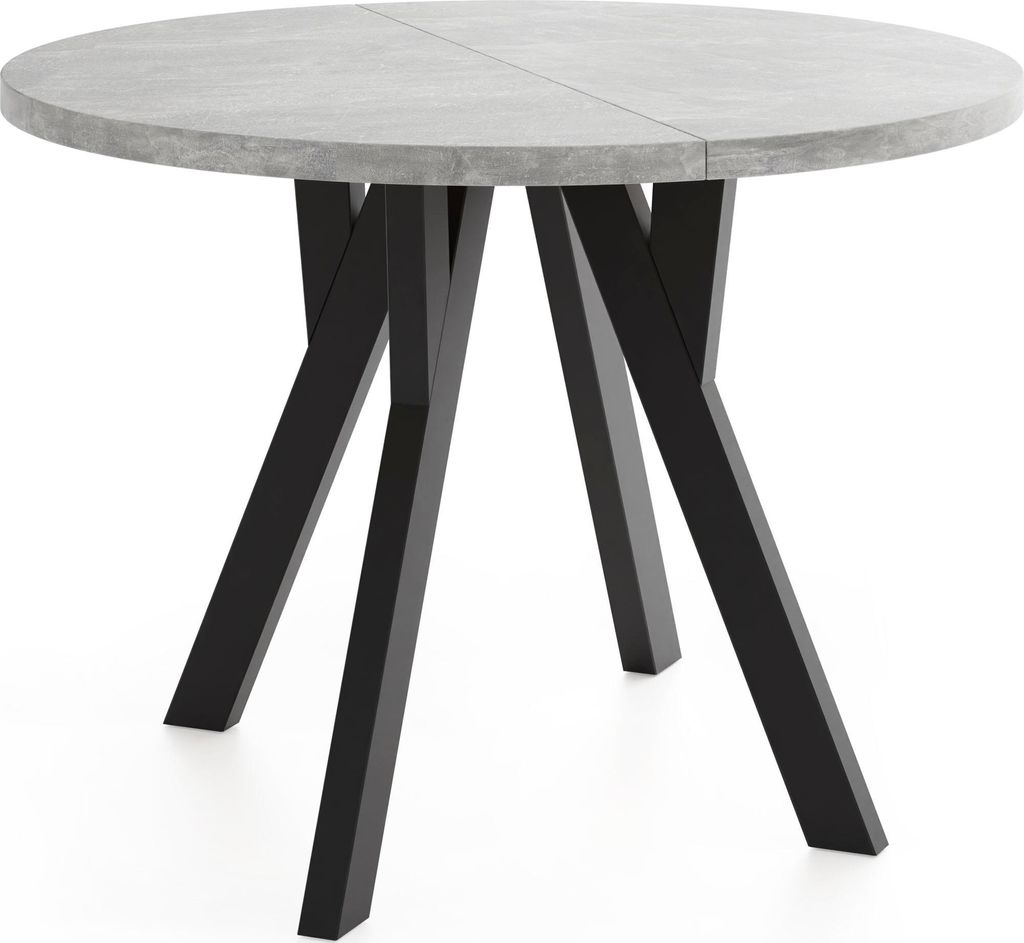 Runder Ausziehbarer Esstisch im Loft-Stil – Industrieller Tisch mit Schwarzen Holzbeinen – Platzsparender Esstisch für Wohnzimmer – Beton Gr...