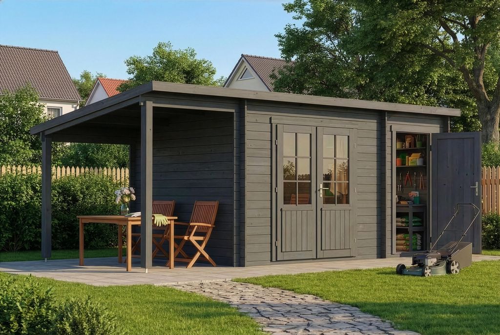Alpholz Gartenhaus Maria mit Anbau & Schleppdach aus Holz 598 x 272 cm mit 40mm Wandstärke in Imprägnierung Grau