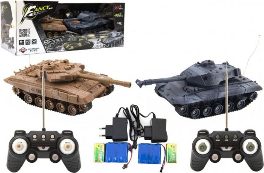 Teddies - Panzer RC 2 Stück 25cm Panzerschlacht + Akkupack 27MHZ und 40MHz mit Sound und Licht in Box 50x20x23cm