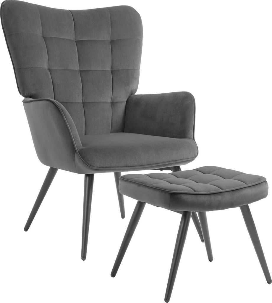 Ohrensessel mit Hocker Dunkelgrau – Samtoptik, Relaxsessel bis 120 kg, ideal für Wohnzimmer