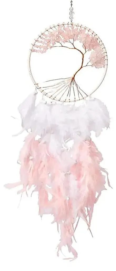 Décoration Murale Attrape-rêves en Quartz Rose et Arbre de Vie Bohème