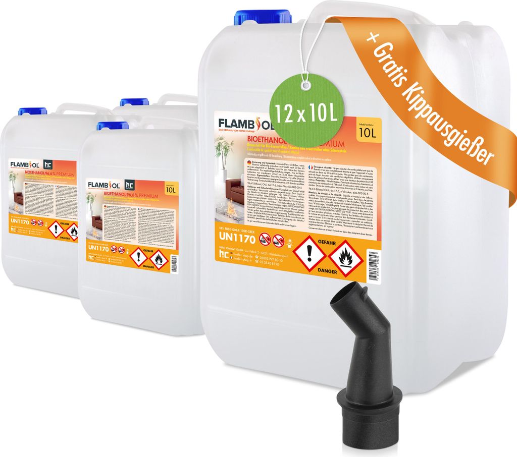 12x 10 L FLAMBIOL Bioethanol 96,6% Premium für Ethanolkamin