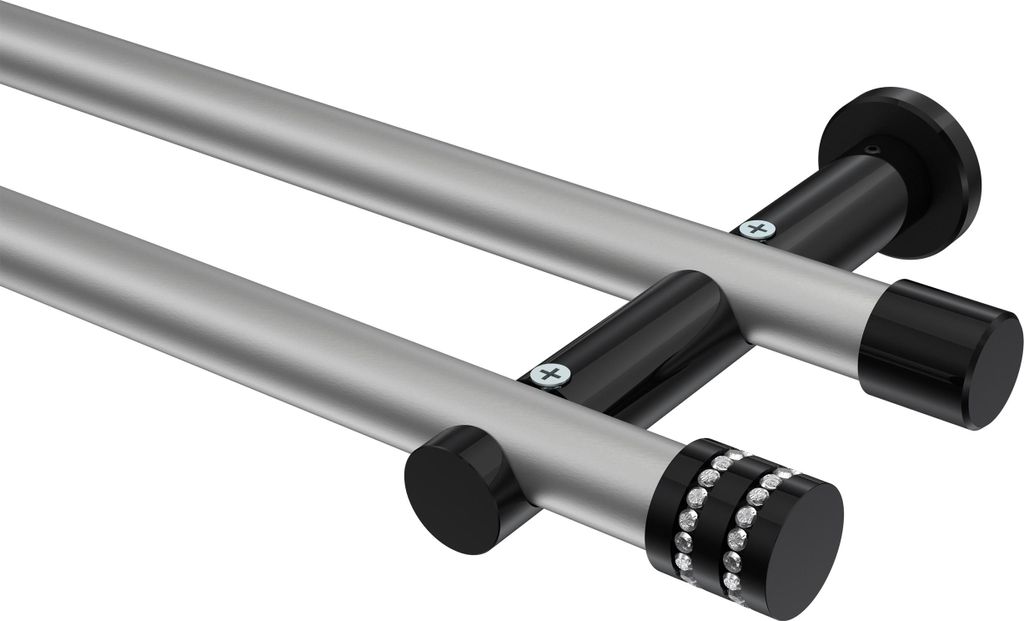 Interdeco Gardinenstange / Vorhangstange Silbergrau / Schwarz, Typ Platon Estana (Glitzerkappe) ohne Ringe, 20 mm Ø 2-läufig, 400 cm