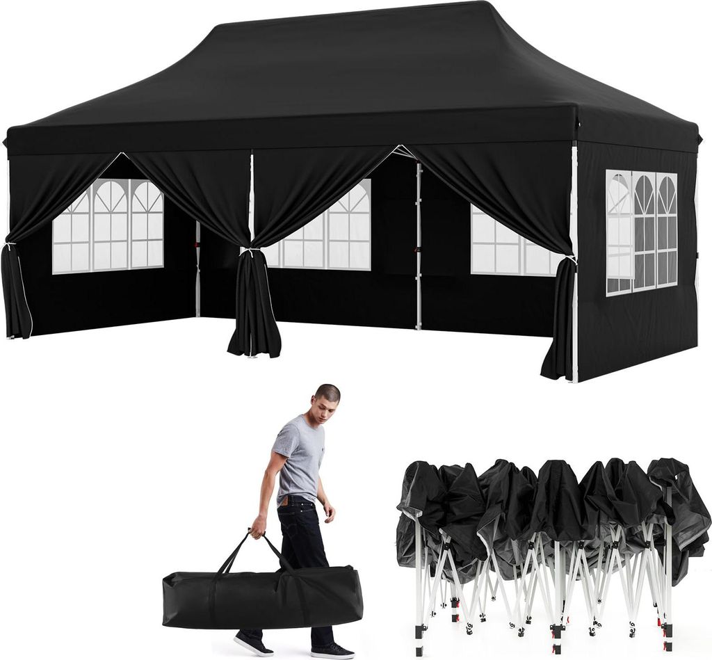 GOPLUS 3x6m faltbarer Pavillon, Partyzelt mit 6 Seitenwänden und 6 Sandsäcken, höhenverstellbarer, wasserdichter & stabiler Gartenpavillon für ...