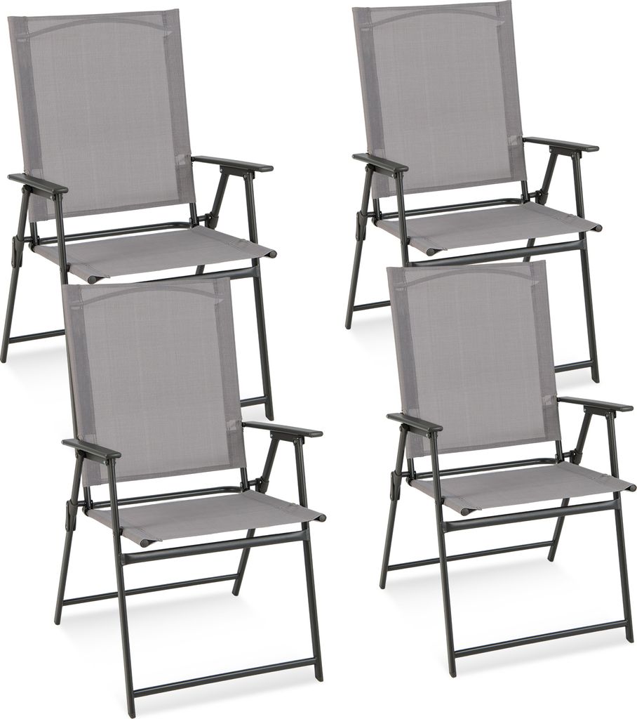 Four gray folding chairs are arranged in a grid formation against a white background.