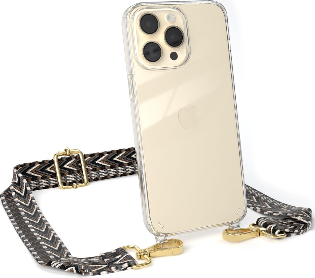 EAZY CASE Handykette - Verstellbarer Trageriemen kompatibel mit Apple iPhone 14 Pro Max, Handykordel mit transparenter Silikon-Hülle, Band in Grau
