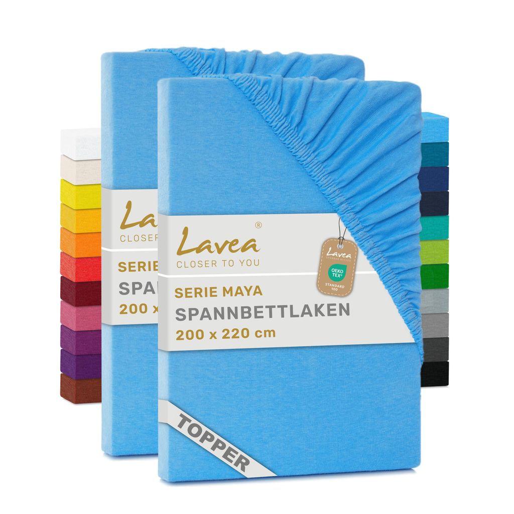 Lavea 2er Topper Spannbettlaken 200x220cm, Bettlaken 100% Baumwolle Jersey, mit Rundumgummizug, für Matratzen bis 12 cm Höhe, weich, formstabil...