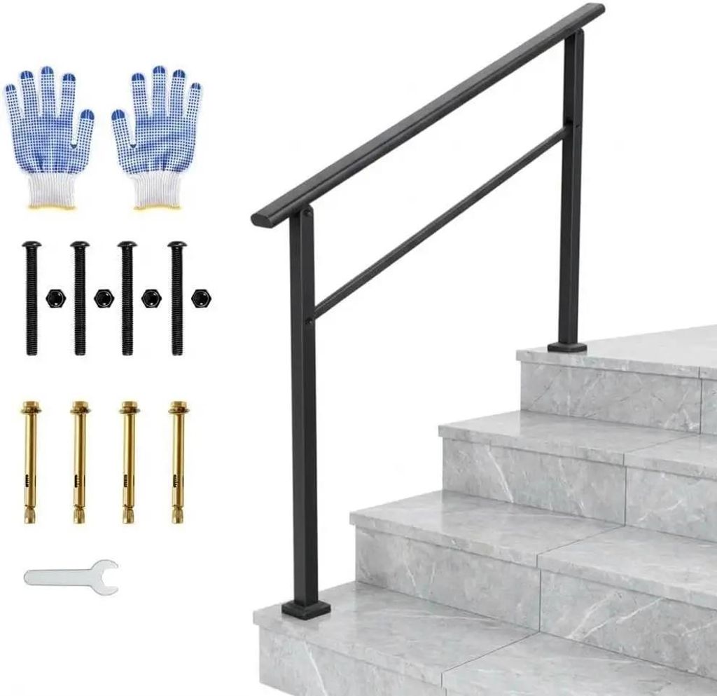 Außentreppengeländer - Handlauf - Für 4 Stufen - Set: 1 Stück - Verstellbar - Wetterfest - Aluminium - Schwarz