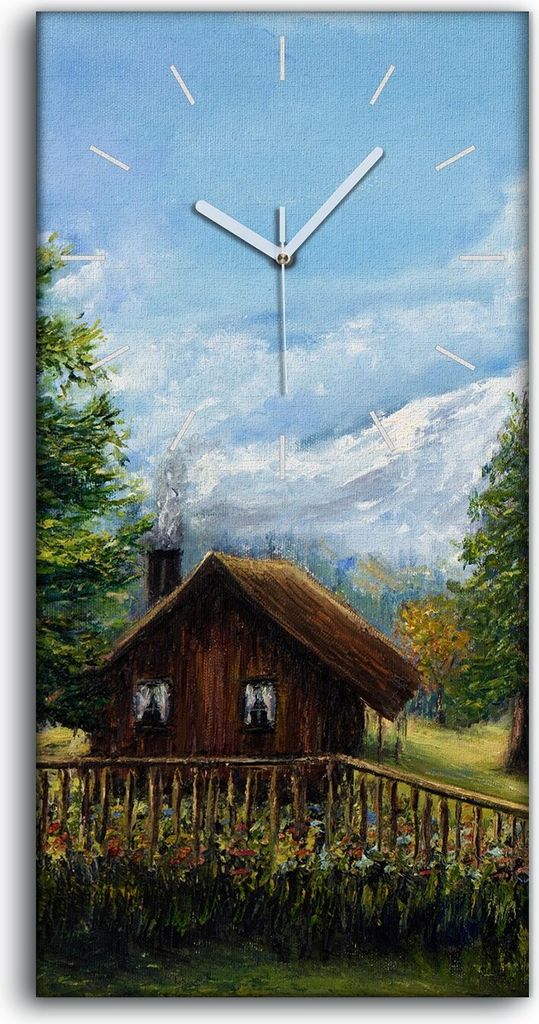Wanduhr Leinwand Bild Uhr Quarz 30x60 Blume Haus Bäume Wiese Berg Landschaft - weiße Hände
