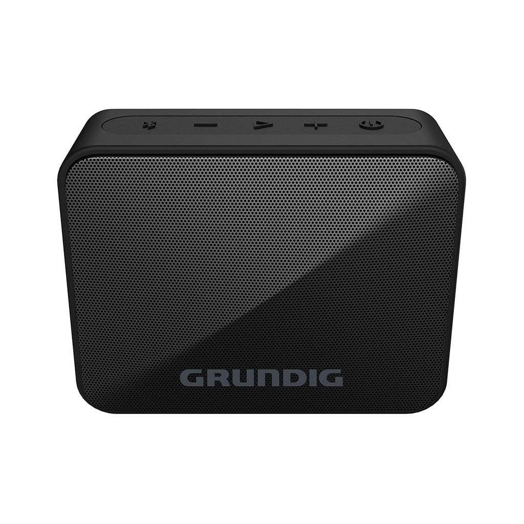 A black Grundig portable mono speaker is shown against a white background.
