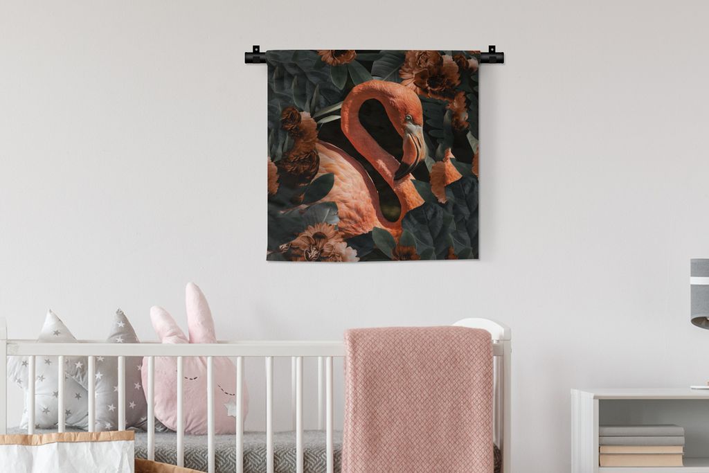 MuchoWow Wandteppich Wandbehang Flamingo - Vogel - Blumen - Blätter 60x60 cm Tapisserie Dekoration Wandtuch - Dekorationen - Wand Decke