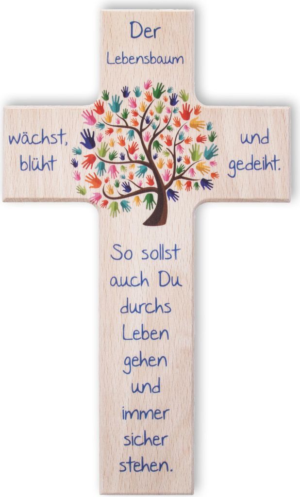 FRITZ COX Holzkreuz "Lebensbaum" | Das besondere Geschenk für unsere Liebsten | Wandkreuz zur Taufe, Kommunion, Geburt | 15 cm