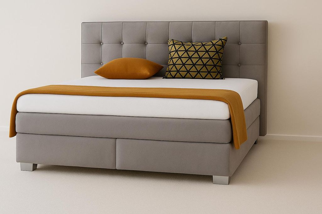 Boxspringbett VERONA 160 x 200 cm mit zwei 7-Zonen-Taschenfederkernmatratzen und gepolstertem Kopfteil. Farbe Dunkelgrau