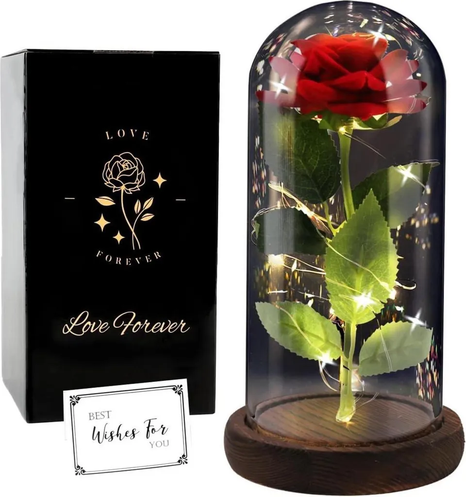 Lampe décorative rose éternelle lumineuse sous dôme en verre amovible