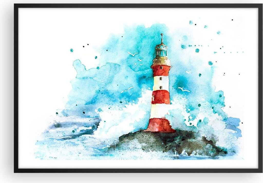Gerahmtes Poster - Schwarzer Rahmen - Leuchtturm Wasser Illustration Welle - 91,5x61 cm - Wand Bild - Wanddeko - Wandbilder - Wandposter - Bilderra...
