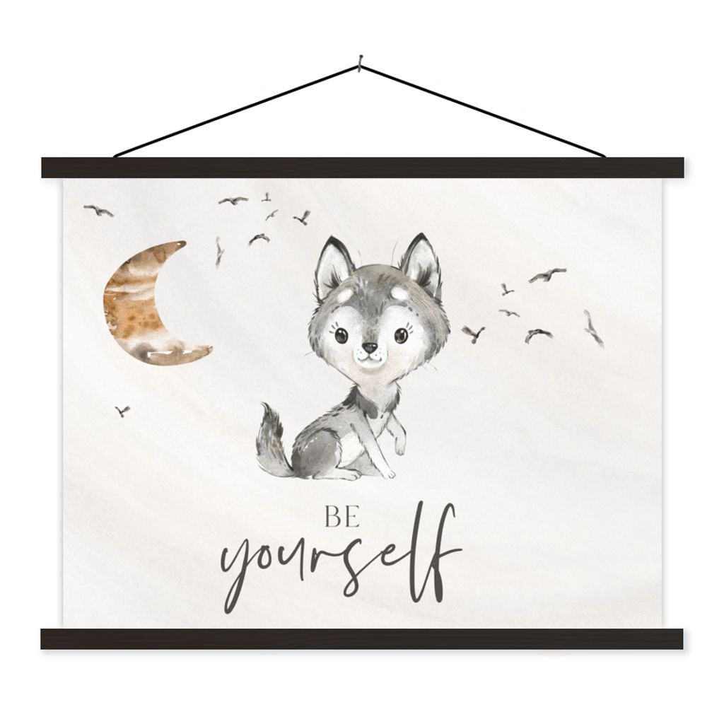 MuchoWow Textilposter Sprichwörter - Wolf - Sei du selbst - Kinder - Jungen - Mädchen - Aquarell 150x113 cm mit holzfarbenen Rahmen - Poster
