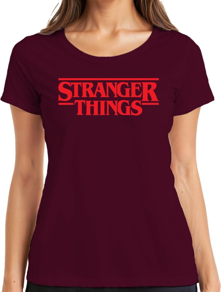 Stranger Fan Geschenk Hawkins Upside Down Retro 80er Serienfan Damen T-Shirt, Burgundy, S