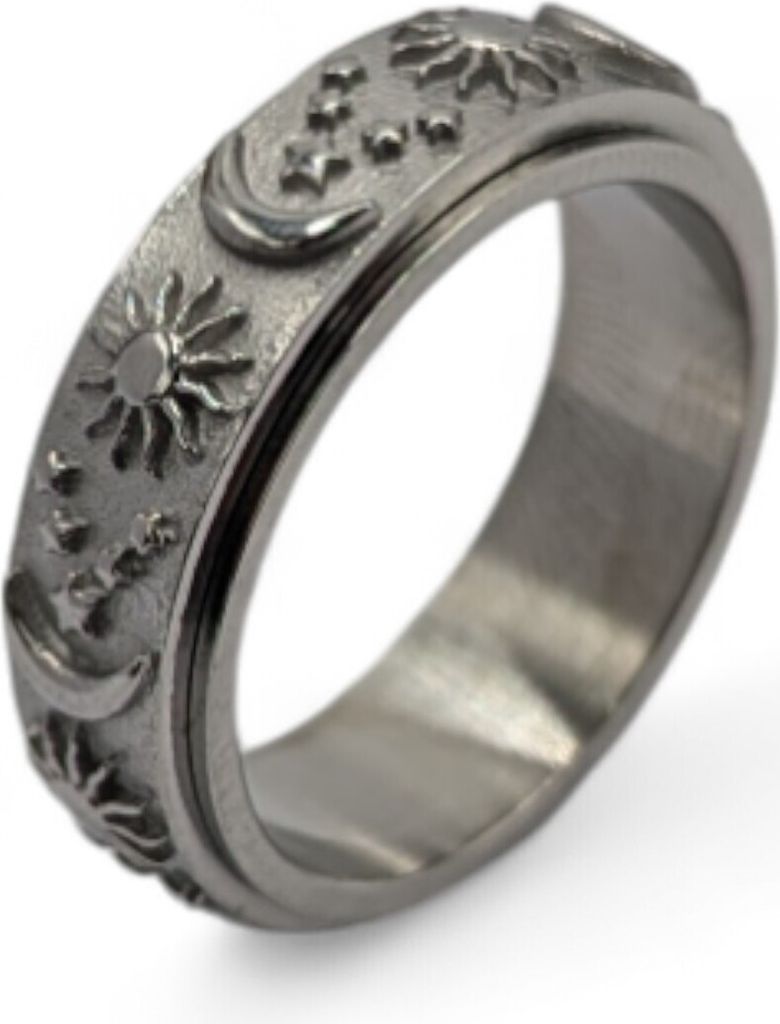 Drehbare Anti-Stress Ringe aus Edelstahl mit Sonne- und Mondmotiven US 11 Silber