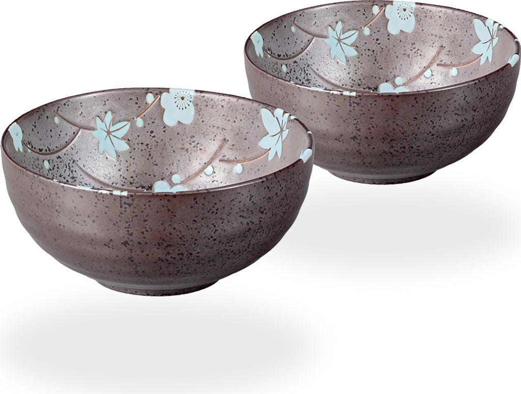 Matcha Schale / Matcha Teeschalen Set, 2x Matcha Schale 250ml anthrazit/blau, Blütendesign