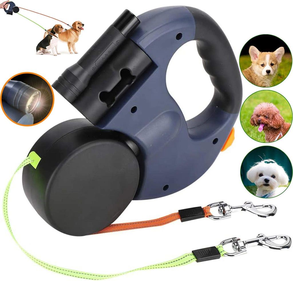 3m Einziehbar Hundeleine Rollleine Gurtleine Doppelleine für 2 Hunde mit LED Lampe