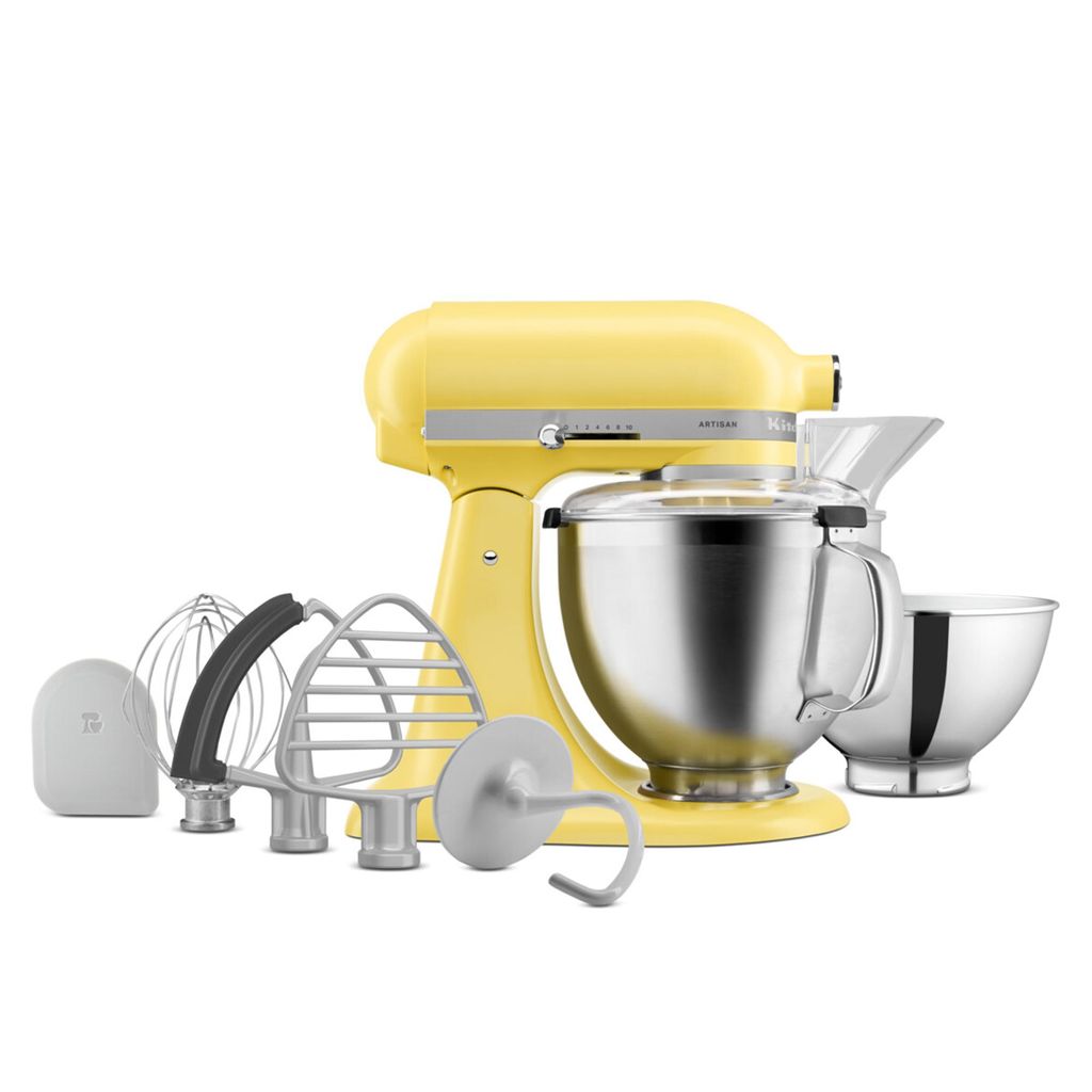 A yellow KitchenAid stand mixer with various attachments and bowls, displayed against a white background.