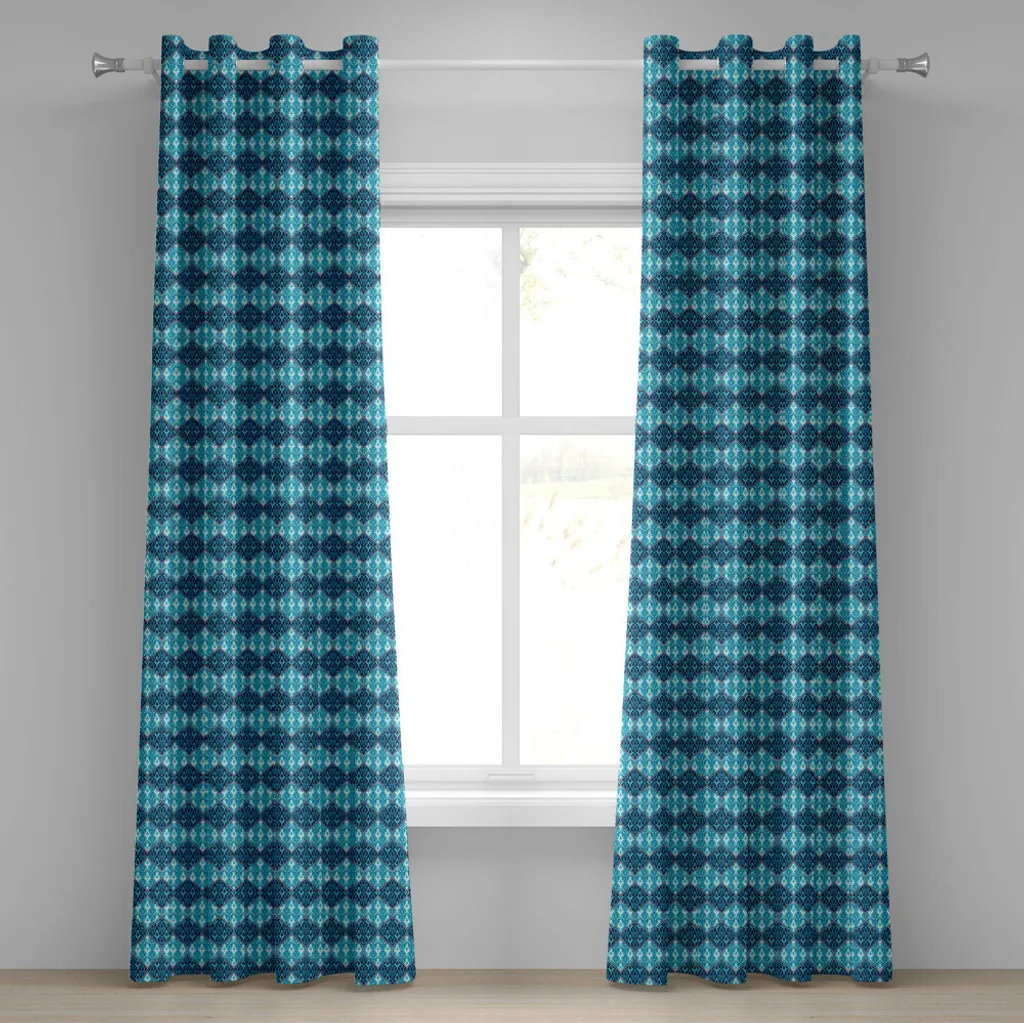 ABAKUHAUS Tenda con occhielli blu navy, motivo orizzontale di ispirazione orientale con stampa patchwork, tende decorative a 2 pannelli, 280 cm x 245 cm, blu pallido blu scuro