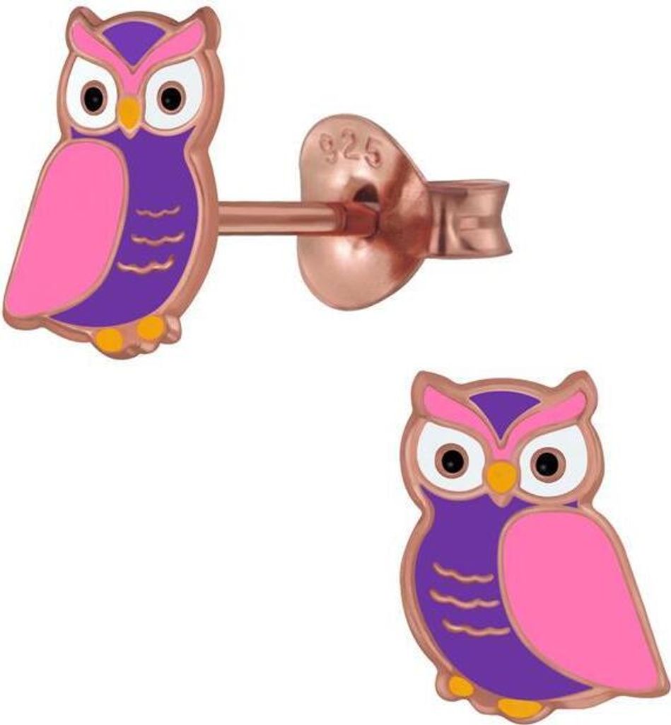 Ohrstecker Eule lila&pink Rosegold aus 925 Silber Kinder