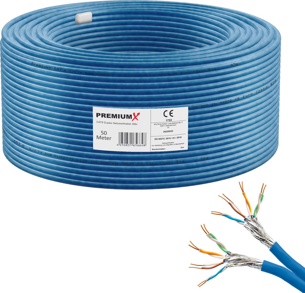 PremiumX 50m CAT 8 Netzwerkkabel Duplex LAN Kabel Ethernet Datenkabel