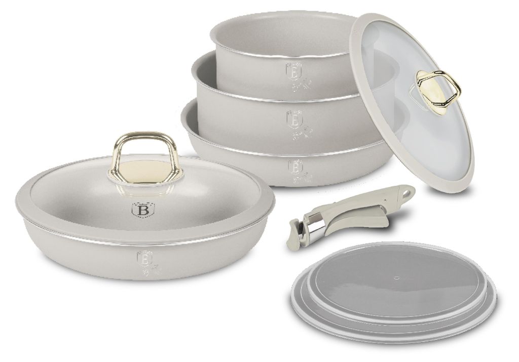 A set of cookware, including pots and pans with lids, a detachable handle, and a storage lid, displayed on a white background.