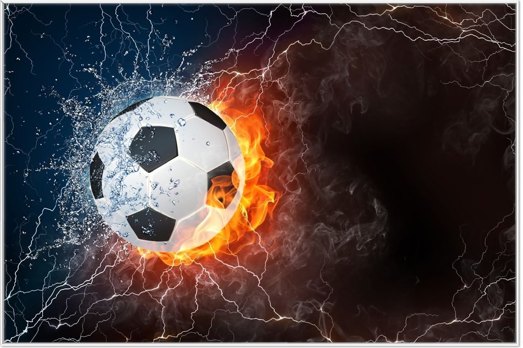 Wallario Wandbild Fußball - Feuer und Wasser, Größe: 61 x 91,50 cm, Poster mit weißem Aluminiumrahmen
