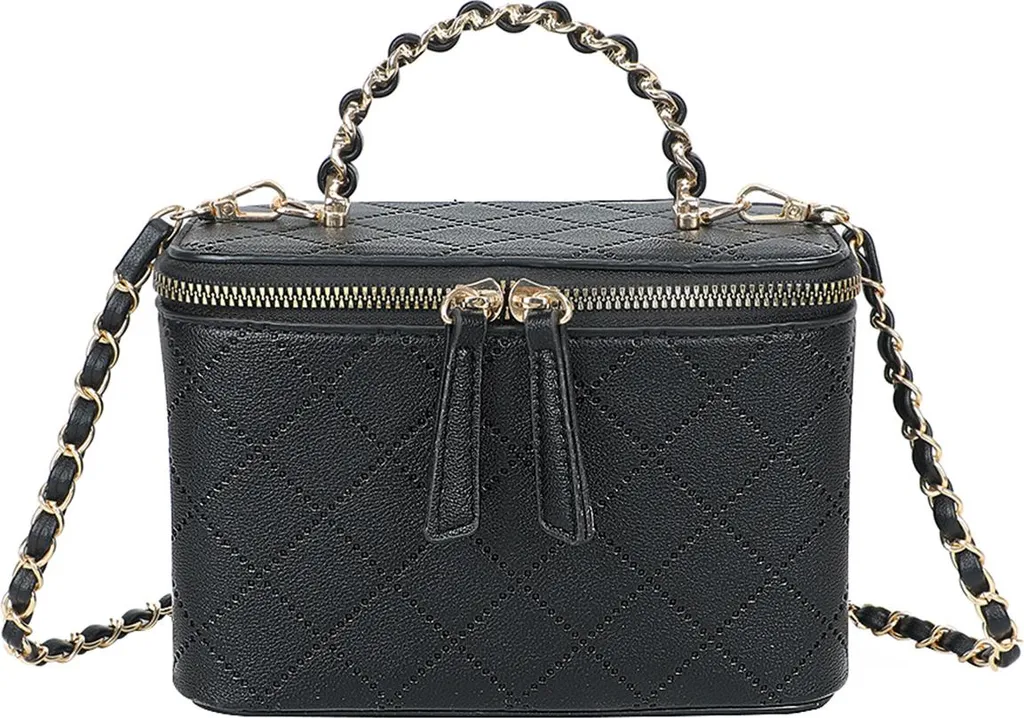Sac Vanity Noir Aspect Matelassé et Poignée Gourmette Style Luxe 22cm