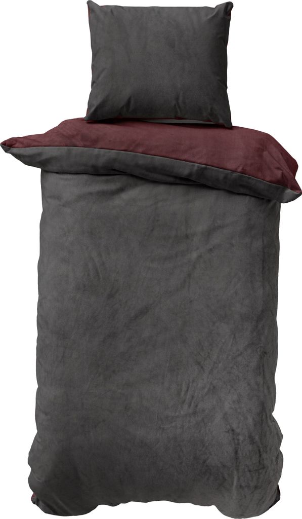 Devior 2 tlg Wende Nicky Plüsch Bettwäsche 155x220 cm anthrazit/bordeaux Cashmere Touch Winter Bettbezug Set mit Reißverschluss