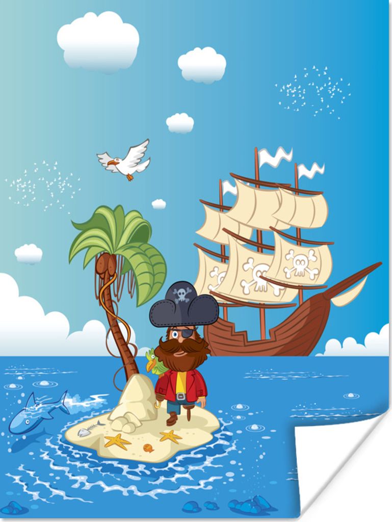 MuchoWow Poster Illustration eines Piraten auf einer Insel für Kinder 30x40 cm - Wandplakat - Poster Kinderzimmer