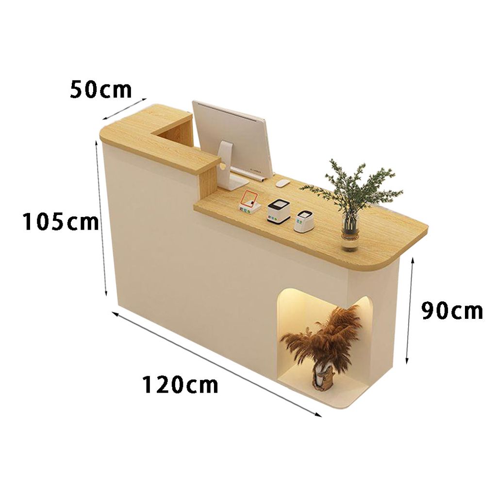 A reception desk with a computer, decorative items, and dimensions indicated.