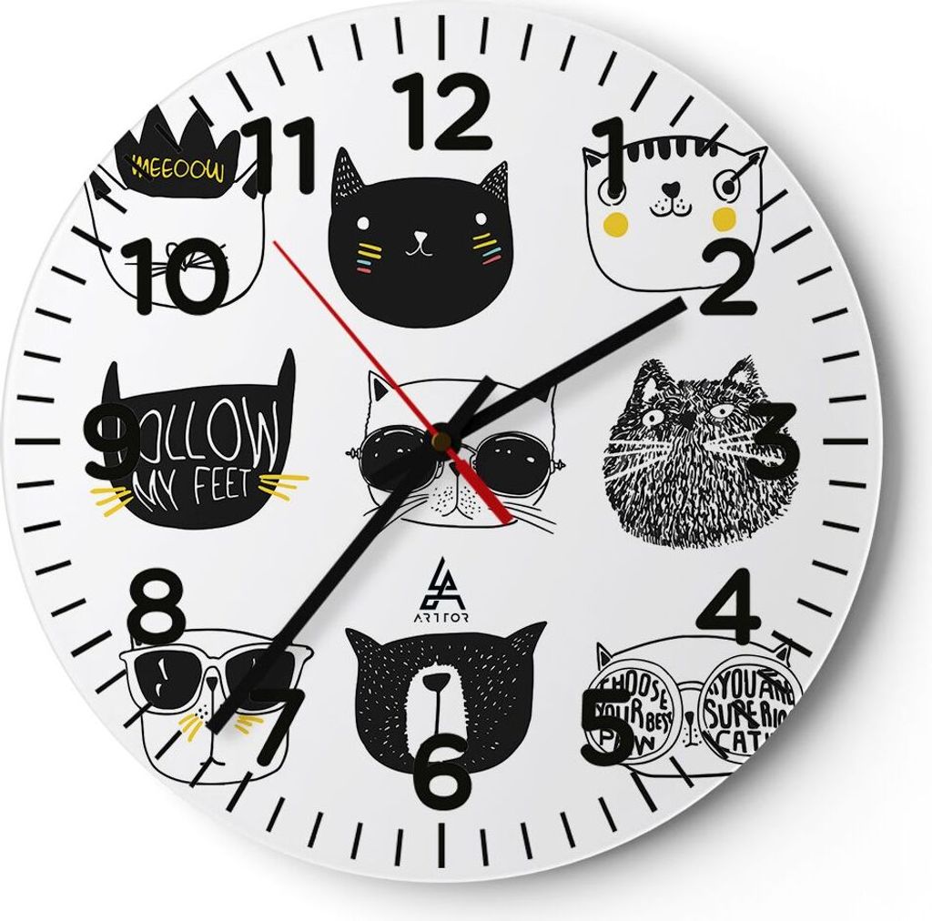 Wanduhr - Rund - Glasuhr - Katze Haustier Tiere Illustration - 30x30cm - Schleichendes Uhrwerk - Lautlos - zum Aufhängen bereit - Dekoration Moder...