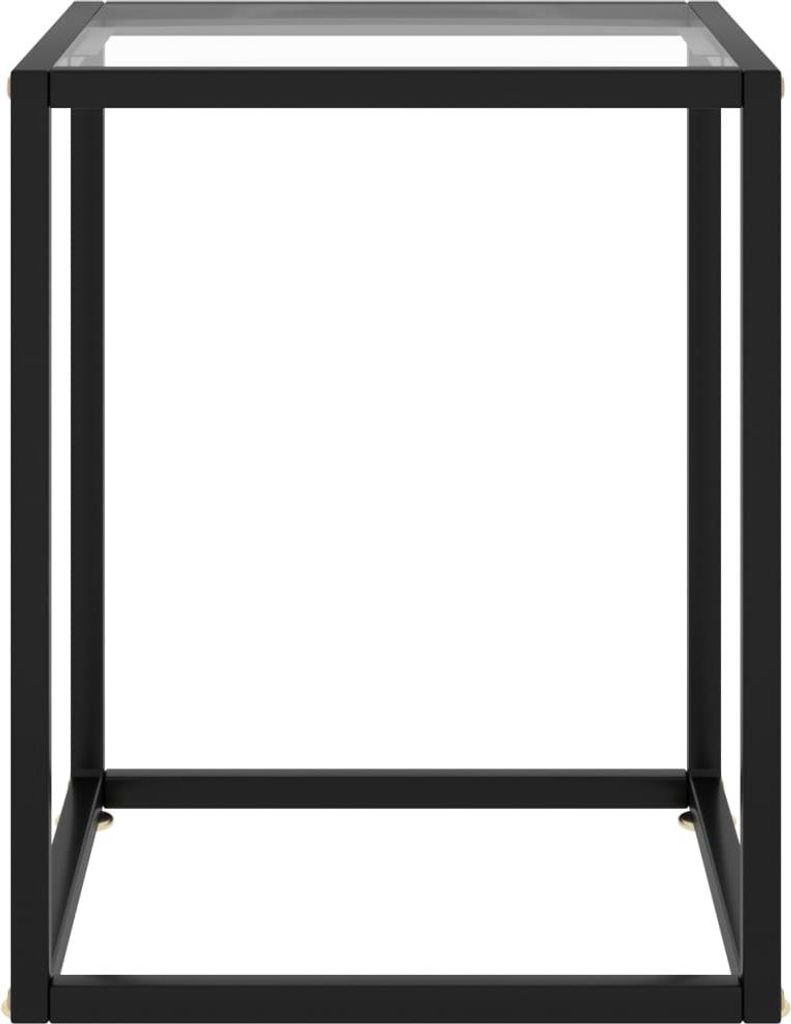 A product shot of a black metal frame side table with a glass top.