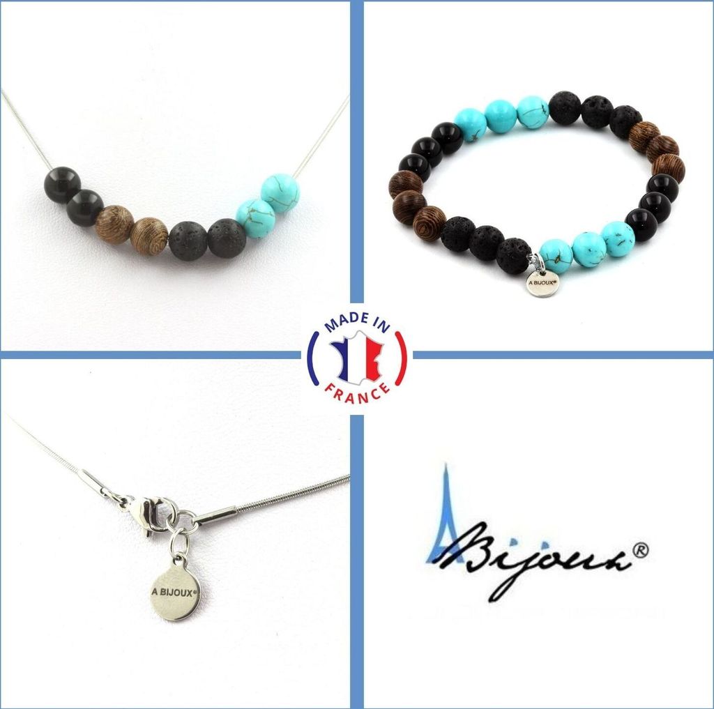 Armband Halskette Set Türkis Howlith Perlen + Lava + Schwarzer Achat + Holz 8 mm Edelstahlkette