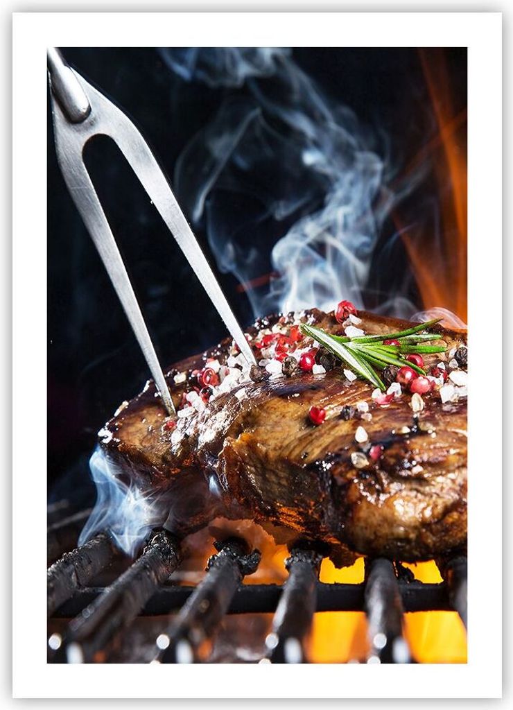 Poster - Poster ohne Rahmen - Steak Grill Flammen Essen - 50x70 cm - Wand Bild - Wanddeko - Wandbilder - Kunstposter - Wandposter - Bilder - Kunstd...