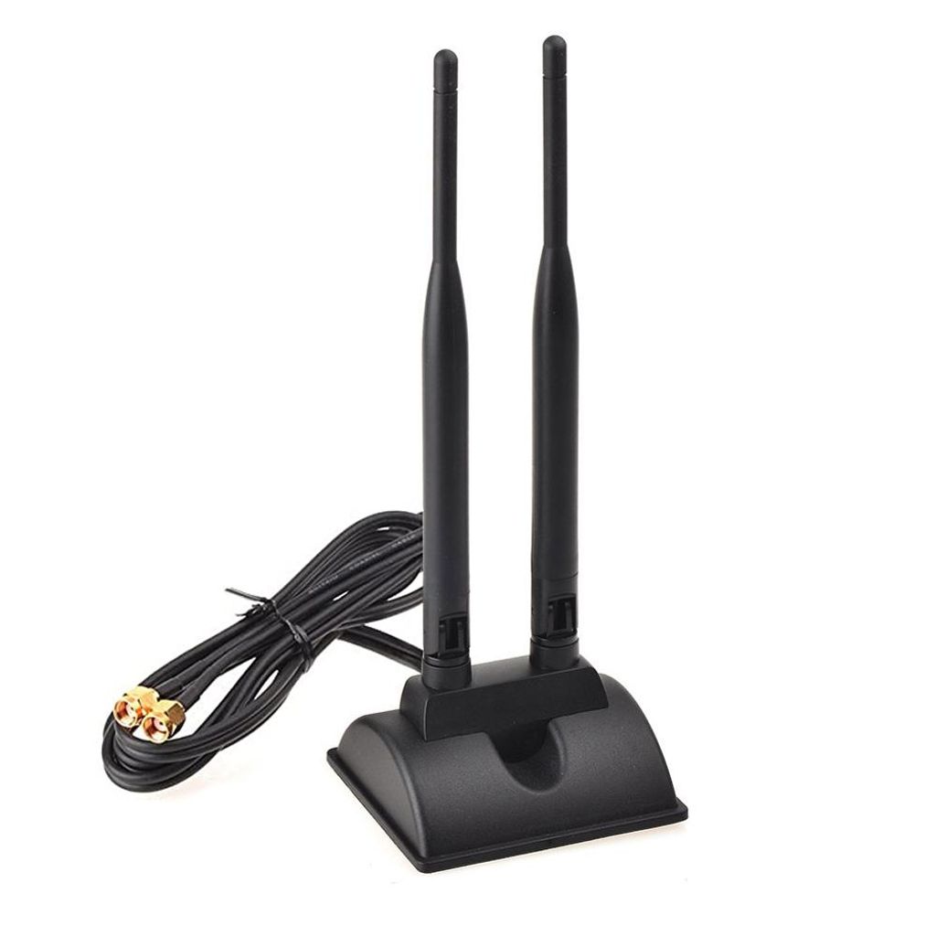 A black dual-band WiFi antenna with two antennas and a base, connected by a black cable with gold connectors, is shown against a white background.