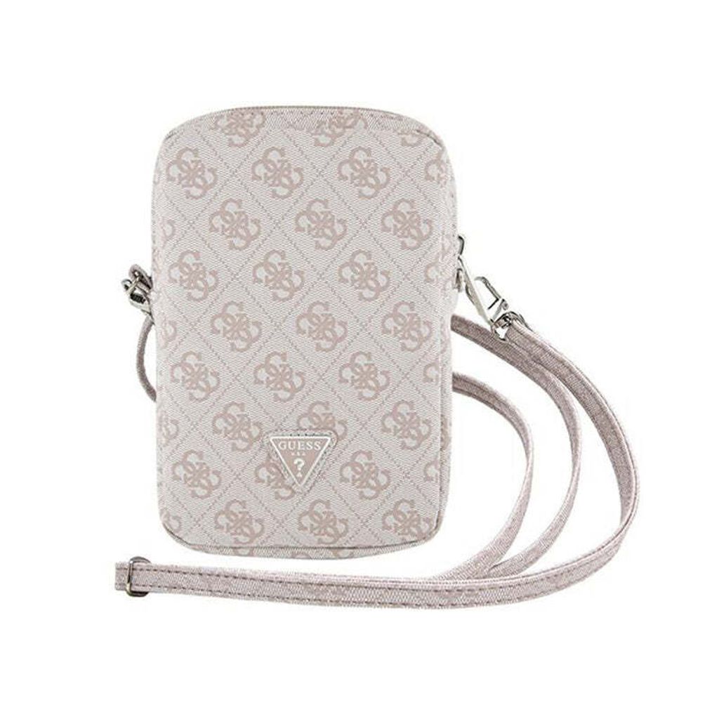 A pink and beige Guess wallet phone bag with a repeating logo pattern and a triangle logo on the front.