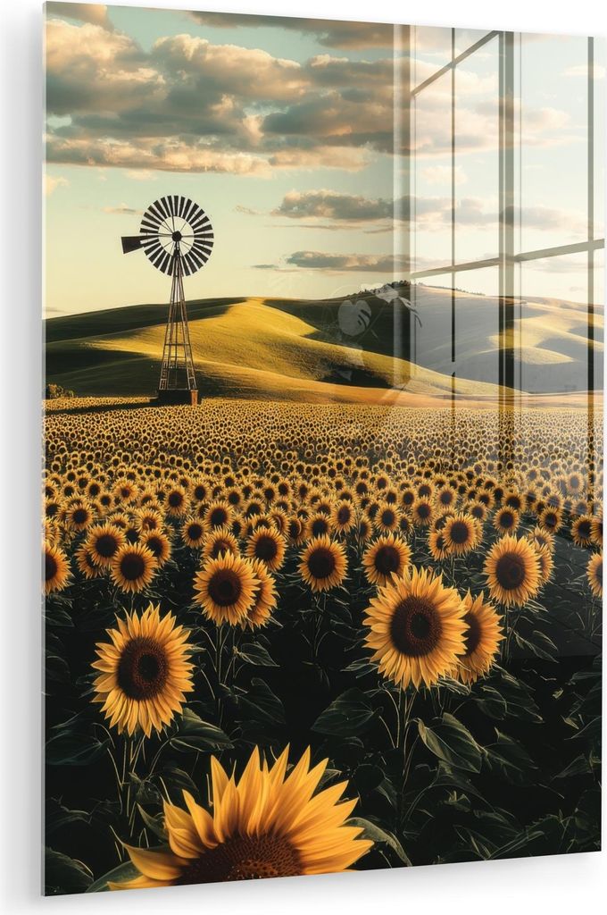 MuchoWow Glasbilder - Bilder auf Wandbild - Foto auf Glas Sonnenblume - Feld - Windmühle 30x40 cm Wanddekoration aus Glas - Acrylglasbild - Acrylb...