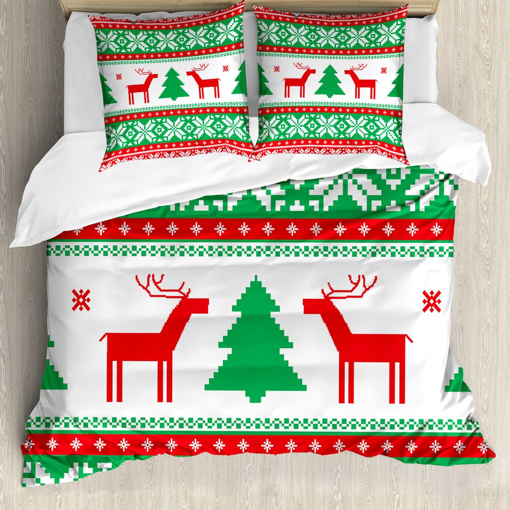ABAKUHAUS Weihnachten Bettbezug, Ferienzeit Deer, Milbensicher Allergiker geeignet mit Kissenbezügen, 155 cm x 220 cm - 80 x 80 cm, Rot, Grün, Weiß