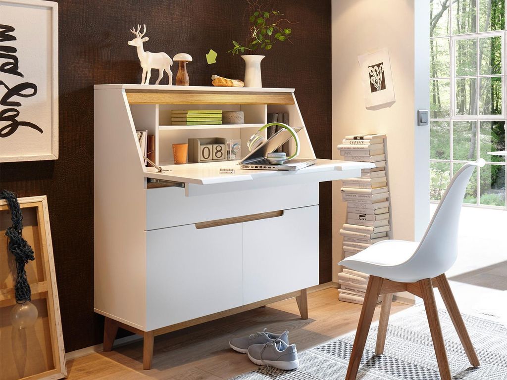 Sekretär >Griffith< in Weiß/Matt aus MDF - 97x113x40cm Produktbild 