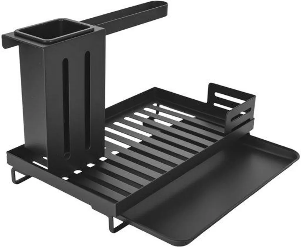 Rangement de cuisine noir avec étagère et porte-éponge en métal inoxydable