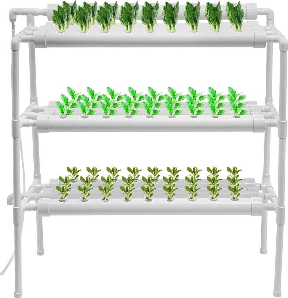 Hydroponik System - Vertikales Gartenset 3 Ebenen - 90 Pflanzplätze - PVC - Indoor/Outdoor für Salat Kräuter Paprika - Weiß