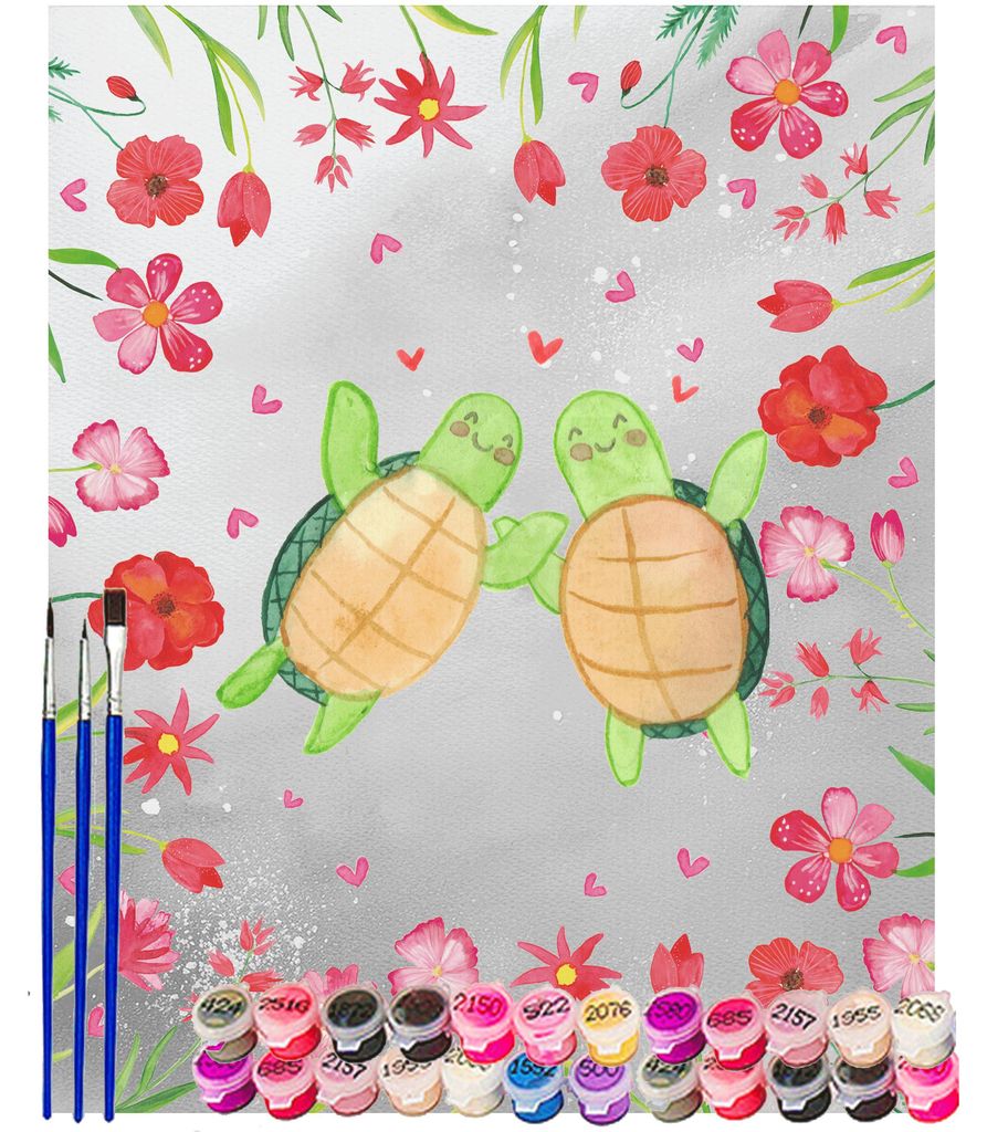 Mr. & Mrs. Panda DIY Malen nach Zahlen Schildkröten Paar 40 x 50 cm Mit Rahmen - Grau Pastell - Geschenk, für Freundin, set, Hochzeitstag, Valent...