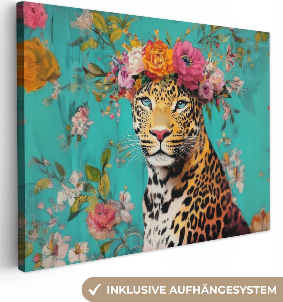 Leinwand Bilder 40x30 cm - Eklektisch - Leopard - Blumen, Bild Modern, Wanddeko, Gemälde