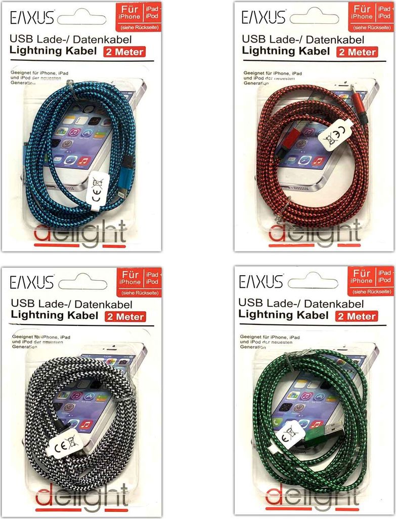 4er Set Lightning Ladekabel Datenkabel Nylon 2m Für iPhone iPad iPod | USB-Ladegerät Transferkabel | Lade Kabel Blau Grün Rot Silber