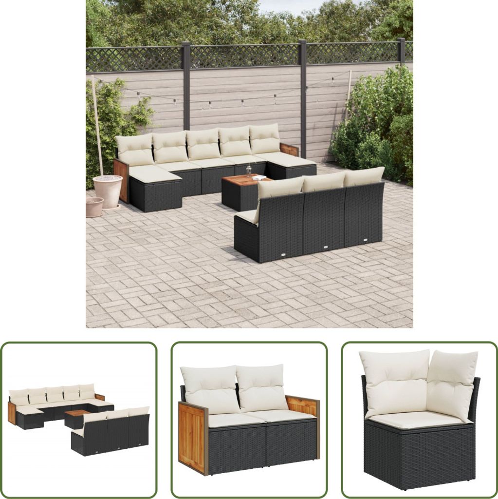 The Living Store 11-tlg. Garten-Sofagarnitur mit Kissen Schwarz Poly Rattan